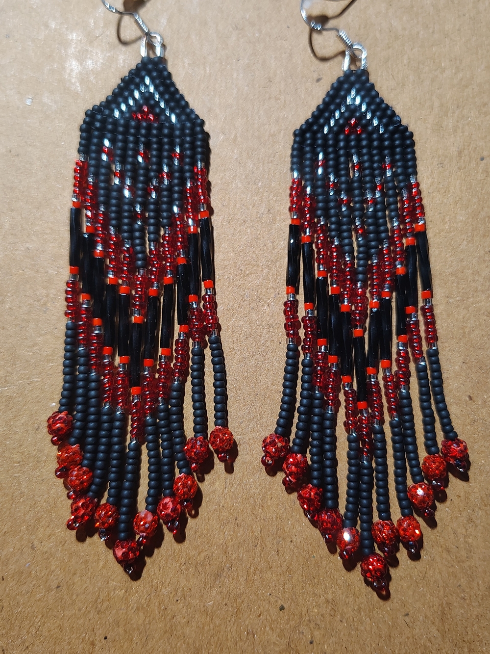 Handcrafted Black and Red Beaded Fringe Earrings